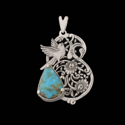 Persian Engraved Silver Pendant Necklace with Turquoise - Birds & Flowers Design