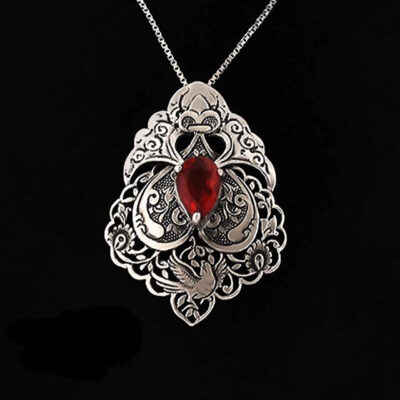 Persian Engraved Silver Pendant Necklace with Ruby - Birds & Flowers Design