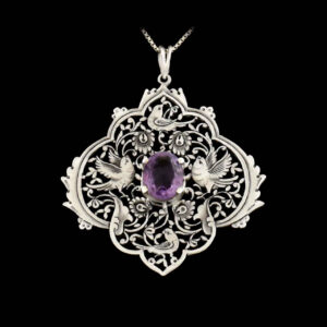 Persian Engraved Silver Pendant with Amethyst Gemstone