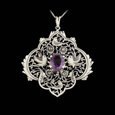 Persian Engraved Silver Pendant Necklace with Amethyst - Birds & Flowers Design