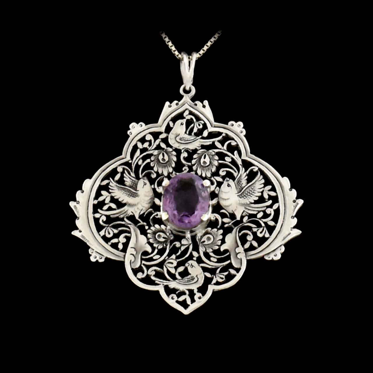 Persian Engraved Silver Pendant with Amethyst Gemstone
