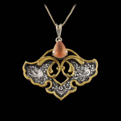 Persian Engraved Silver Pendant Necklace with Ruby - Birds & Flowers Design