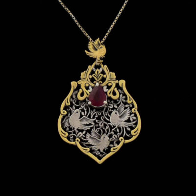 Persian Engraved Silver & Brass Pendant Necklace with Ruby – Bird Design