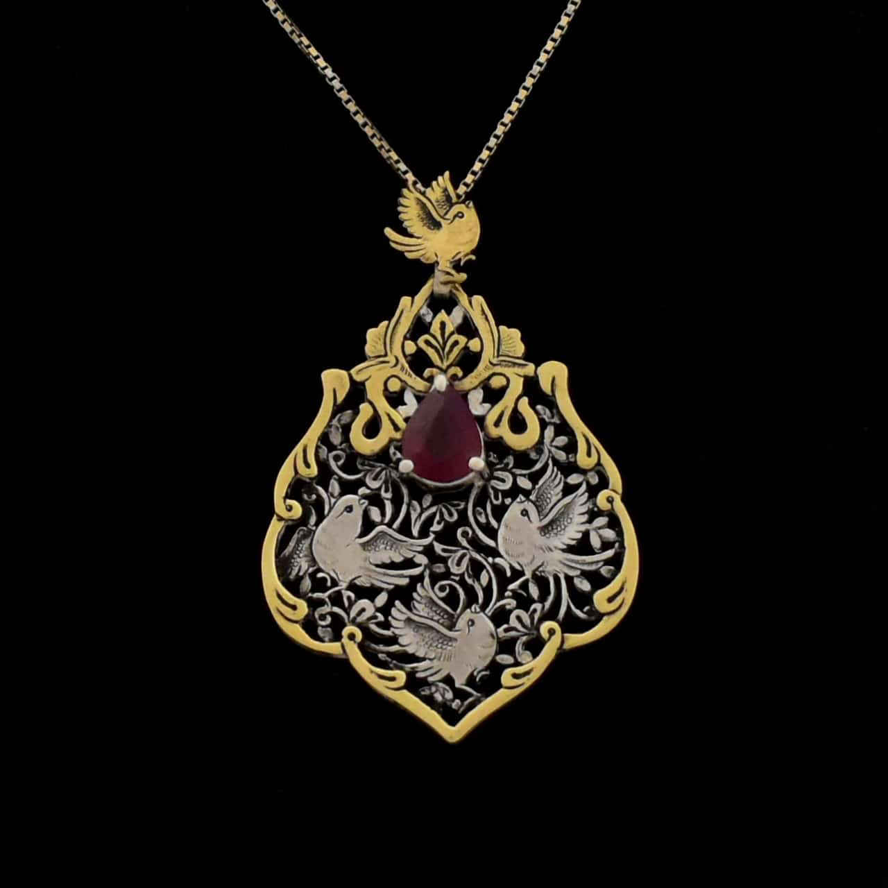 Persian Engraved Silver & Bras Pendant with Roby Gemstone
