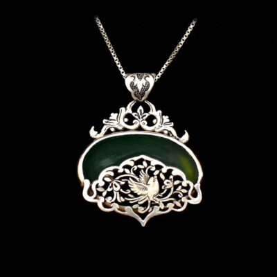 Persian Engraved Silver Pendant Necklace with Chrysoprase - Bird Design