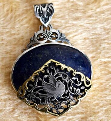 Persian Engraved Silver Pendant Necklace with Purple Azure – Bird Design
