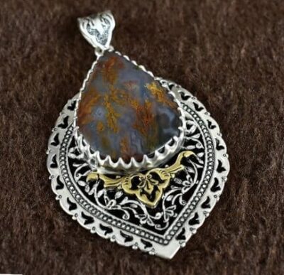 Persian Engraved Silver Pendant Necklace with Opal - Artisan Design