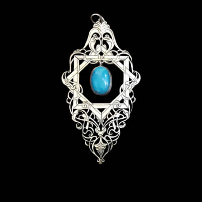 Persian Engraved Silver Pendant Necklace with Kermani Turquoise - Artisan Design