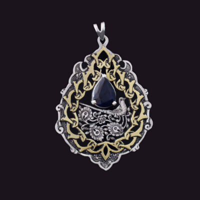 Persian Engraved Silver Pendant Necklace with Sapphire - Bird Design