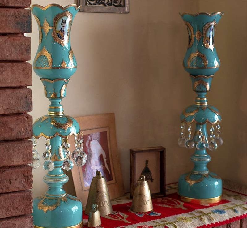 Handcrafted Traditional Persian Laleh Abbasi Crystal Table Lamp with Drops