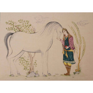 Original Persian Miniature Art Painting: Watercolor and Gouache on Cardboard – Boy and Horse