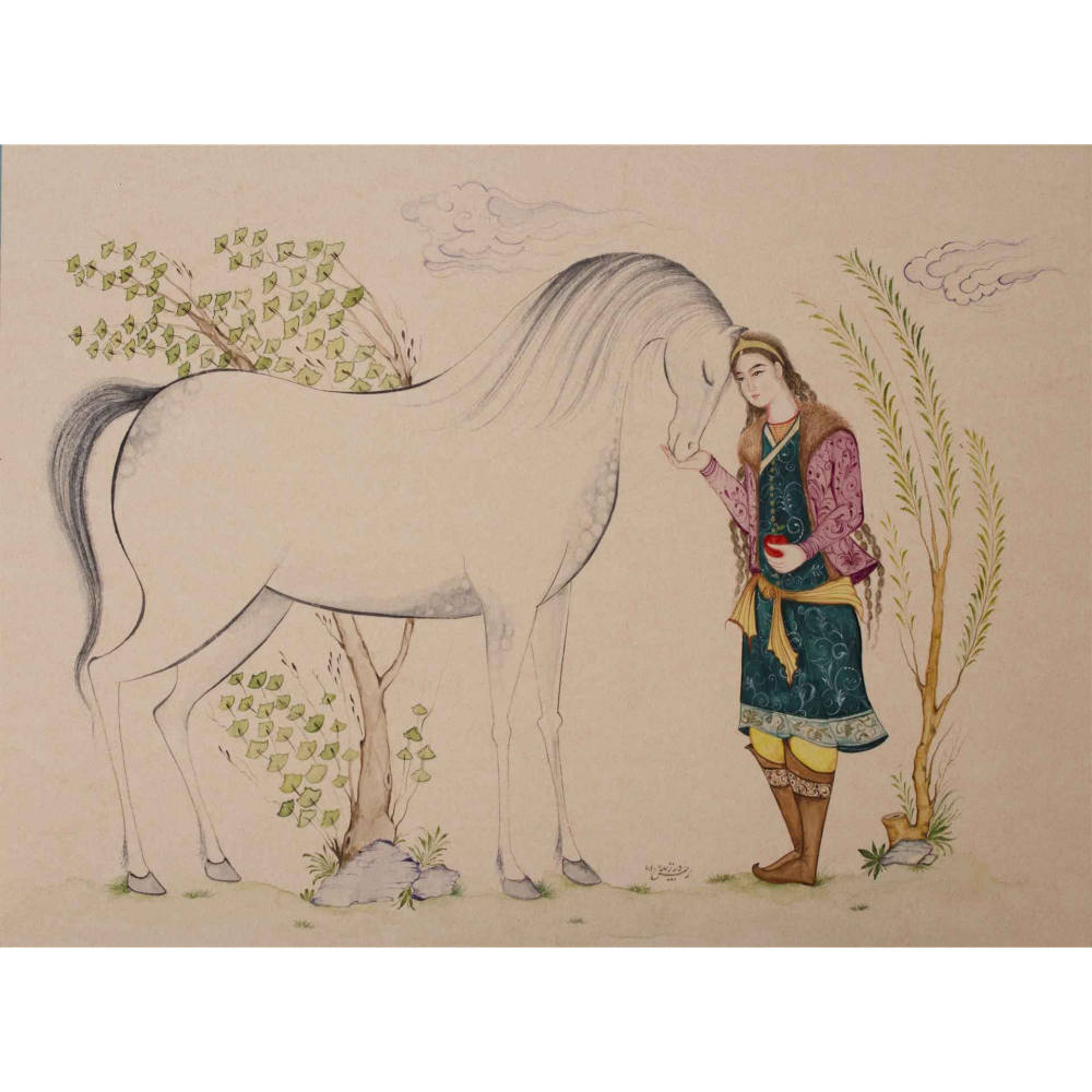 Original Persian Miniature Art Painting: Watercolor and Gouache on Cardboard – Boy and Horse