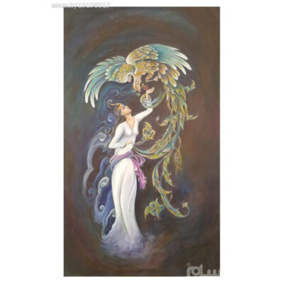 Original Persian Miniature Art Painting: Acrylic on Cardboard - Girl and Phoenix