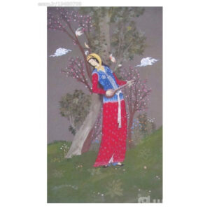 Original Persian Safavid Art Painting: Watercolor and Gouache on Cardboard – Spring and Setar