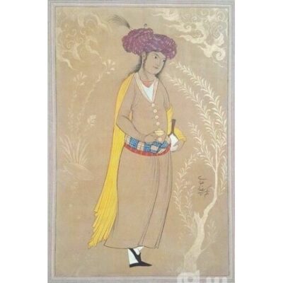 Original Persian Safavid Art Painting: Watercolor and Gouache on Cardboard - Butler