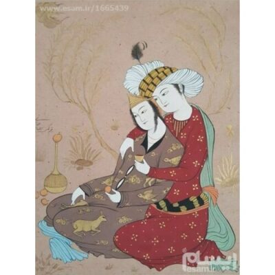 Original Persian Safavid Art Painting: Watercolor and Gouache on Cardboard - Oshagh