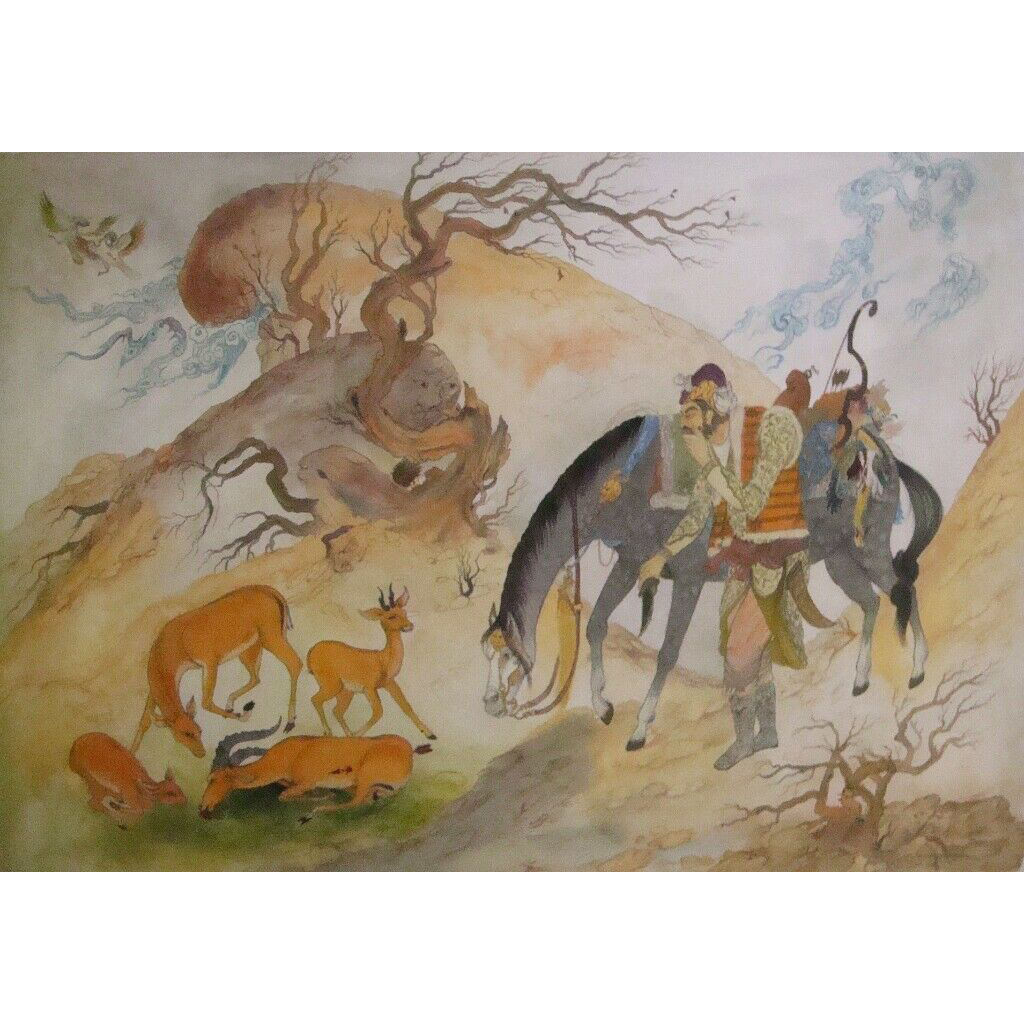 Original Persian Miniature Art Painting: Gouache and Watercolor – Hunting