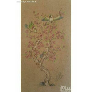 Original Persian Miniature Art Painting: Gouache and Watercolor – Tree and Birds