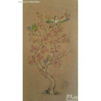 Original Persian Miniature Art Painting: Gouache and Watercolor - Tree and Birds