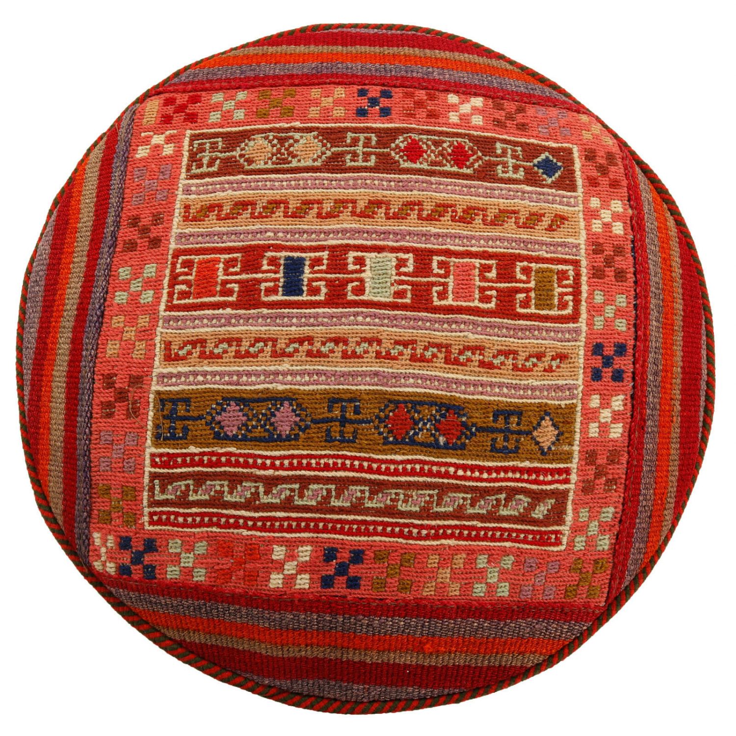 Authentic Persian Kilim Ottoman Pouf – Round Red Kilim G2