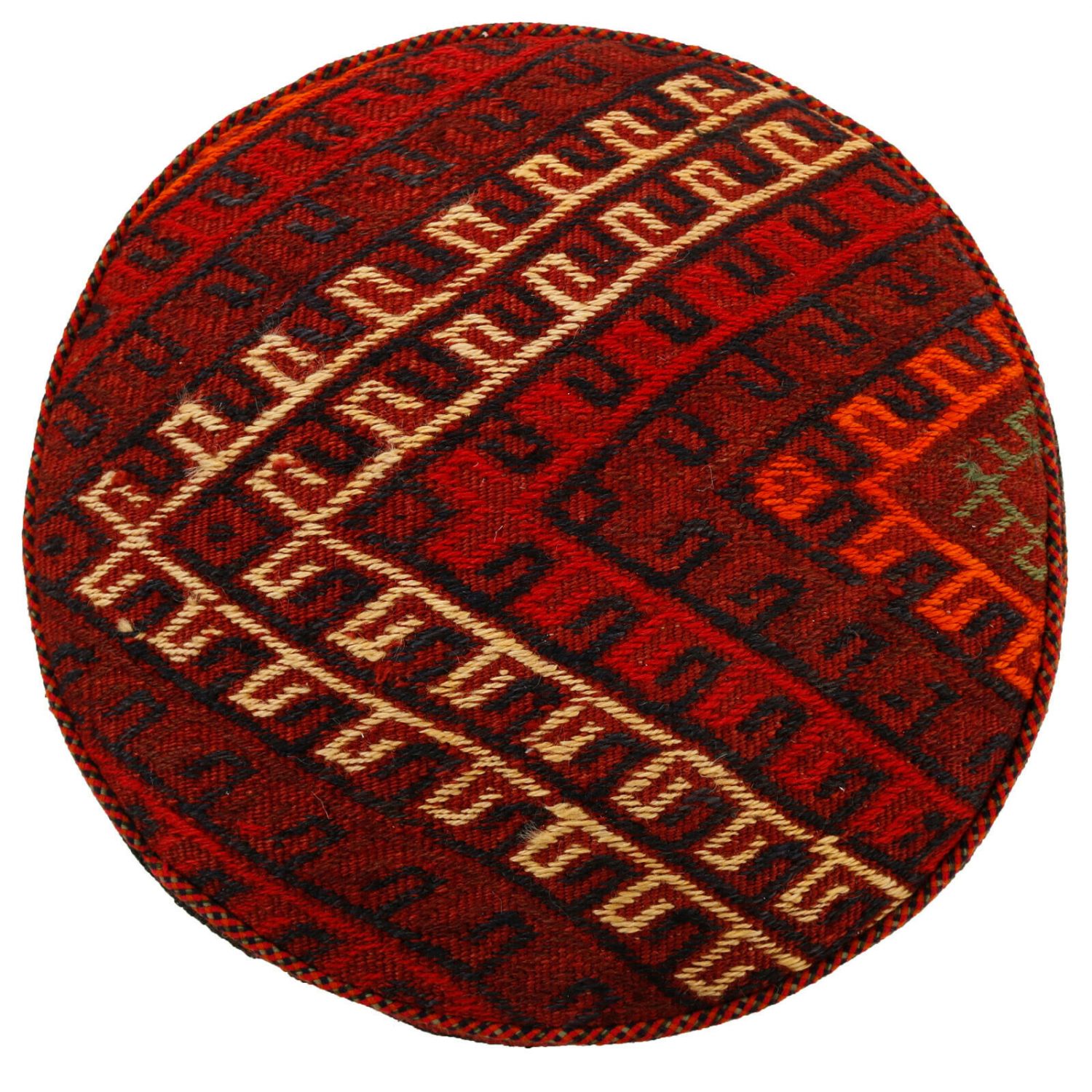 Authentic Persian Kilim Ottoman Pouf – Round Red Kilim H105