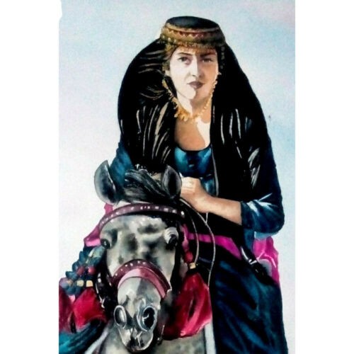 Original Realism Art Painting – Watercolor on Cardboard, Kurdish Girl by Sahar Otufi