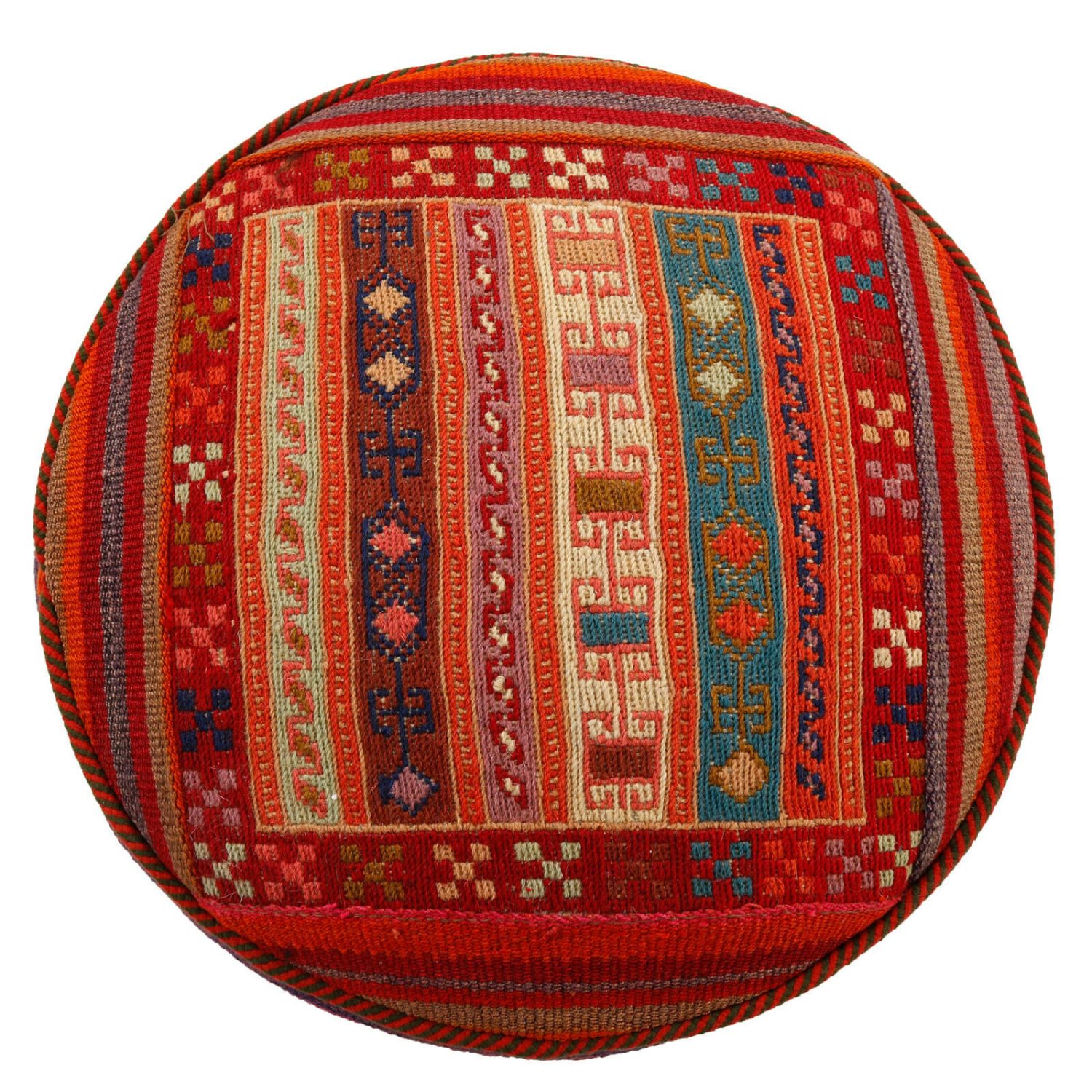 Authentic Persian Kilim Ottoman Pouf – Round Red Kilim 51153