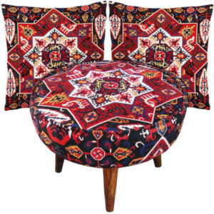 Traditional Velvet Footstool & Cushions Set Inspired by Persian Art