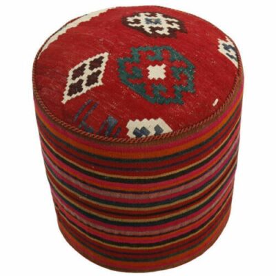 Authentic Persian Kilim Ottoman Pouf - Round Red Kilim H107