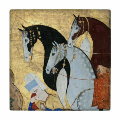 Persian Shahnameh Miniature Ceramic Tile with Horses – Traditional Iranian Decorative Art