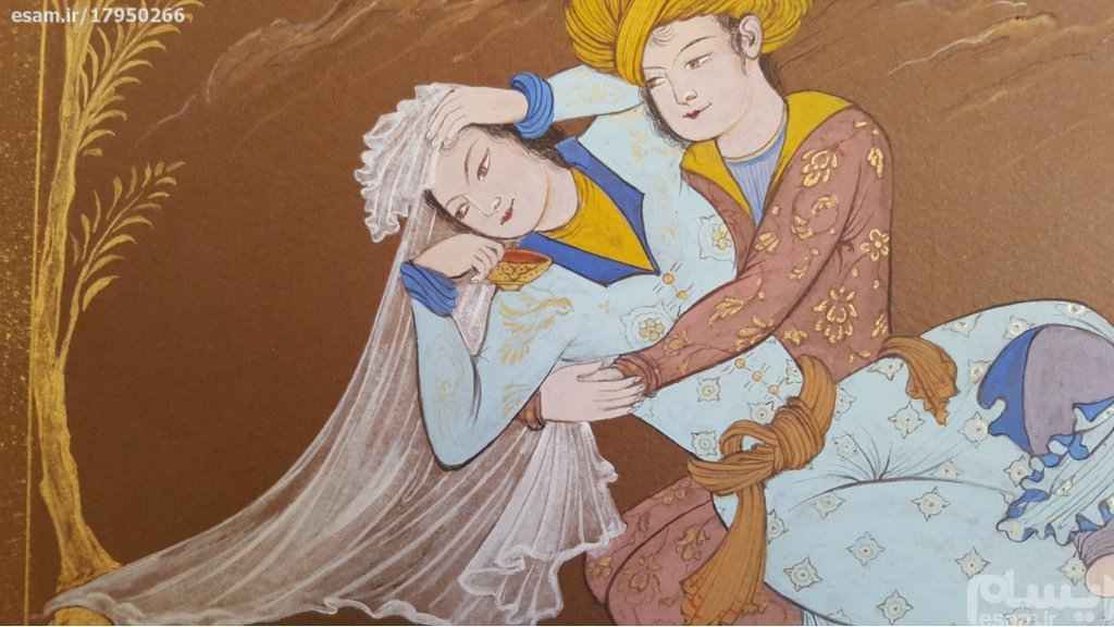 Original Persian Safavid Art Painting: Watercolor and Gouache on Cardboard – Layla and Majnun