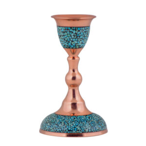 Handcrafted Persian Copper Candlestick – Inlaid Turquoise Design – Abr