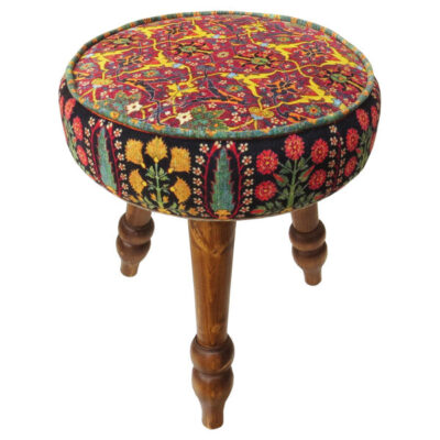 Traditional Red Persian Footstool with Wooden Legs and Velvet Fabric FA3LL