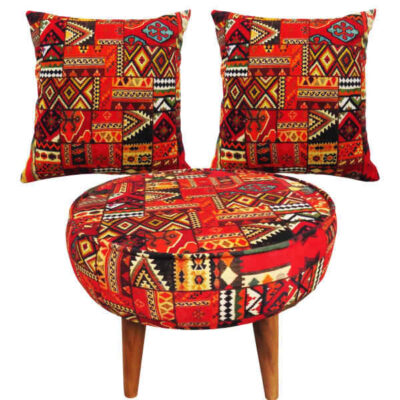 Traditional Velvet Footstool & Cushions Set Inspired by Persian Art