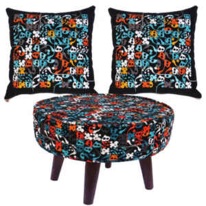 Eclectic Velvet Footstool & Cushions Set Inspired by Persian Art
