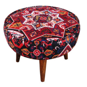 Traditional Red Persian Footstool with Wooden Legs and Velvet Fabric Round Kl