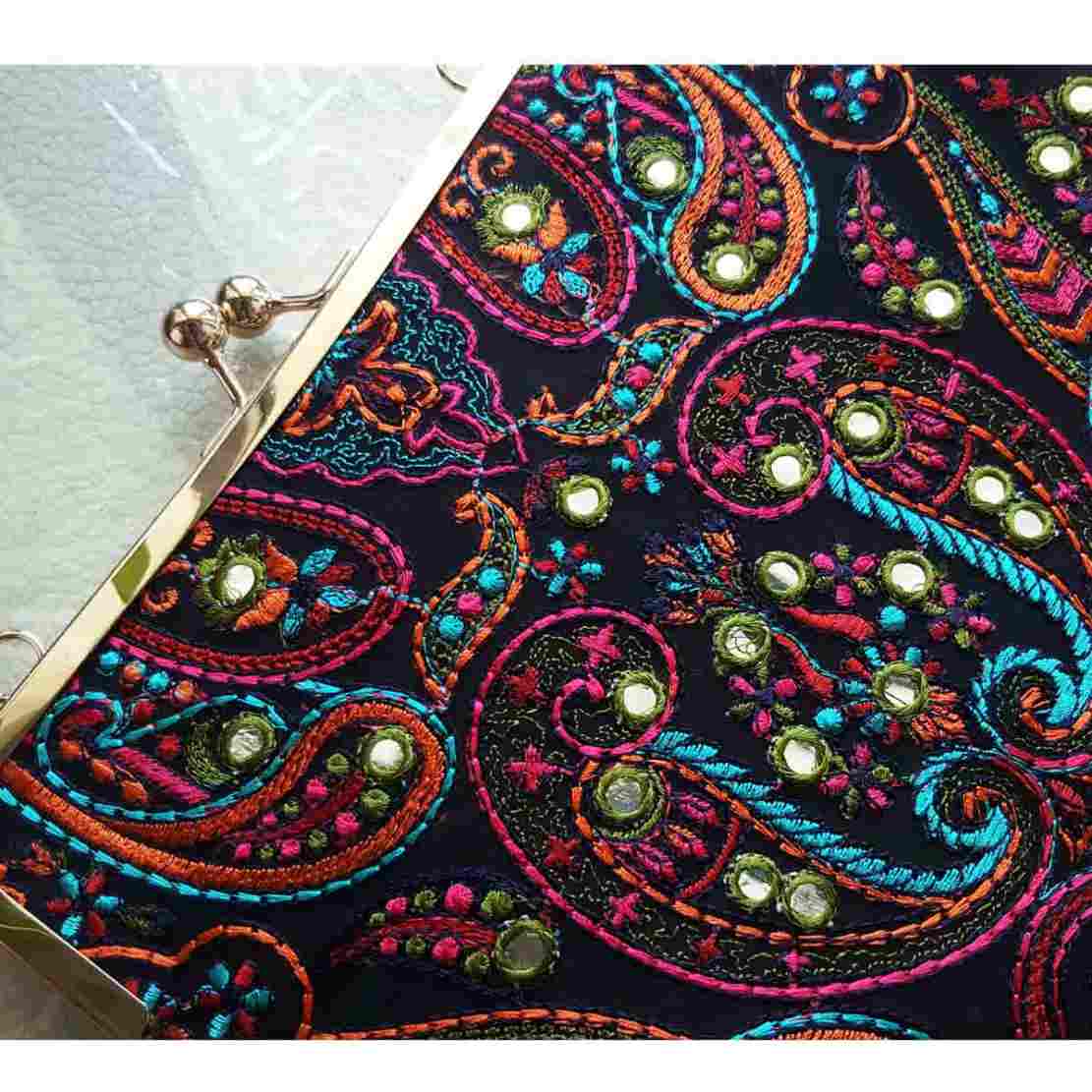 Embroidered Clutch Handbag with Paisley Pattern