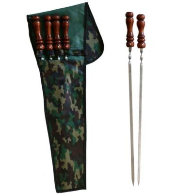 Set of Six Steel Skewers with Wooden Handle & Cover for Kebab and Grilling