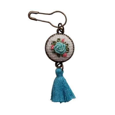 Blue Flower Embroidered Safety Pin Brooch – Traditional Thread Design