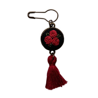 Red Flower Embroidered Safety Pin Brooch – Traditional Thread Design