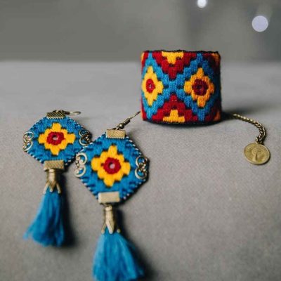 Persian Embroidered Bracelet & Earrings Set Blue Sky