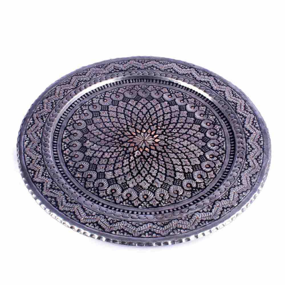 Decorative Copper Tray Hand-Engraved with Persian Artisanal Sun