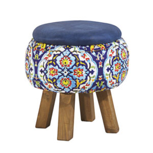 Round Velvet Footstool with Wooden Legs Inspired by Persian Art Blue