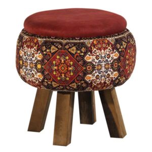 Round Velvet Footstool with Wooden Legs Inspired by Persian Art Red
