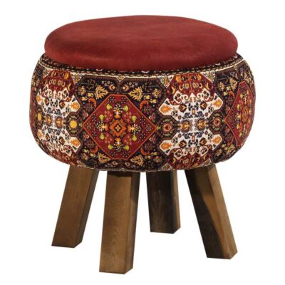 Round Velvet Footstool with Wooden Legs Inspired by Persian Art Red
