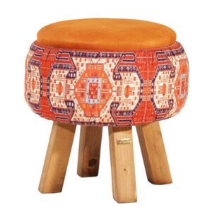 Round Velvet Footstool with Wooden Legs Inspired by Persian Art Orange