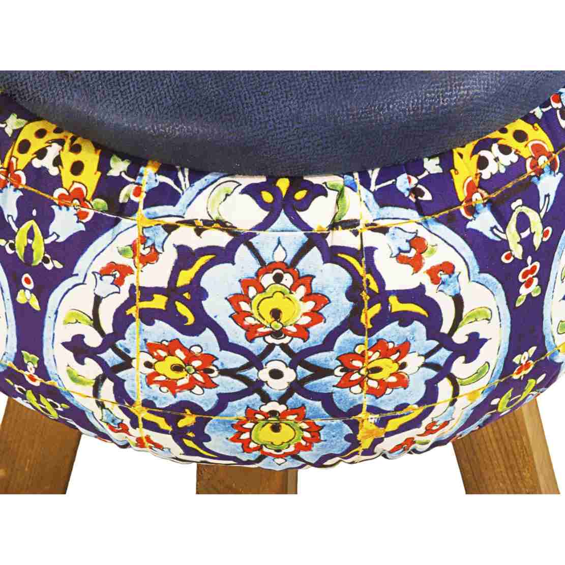 Round Velvet Footstool with Wooden Legs Inspired by Persian Art Blue