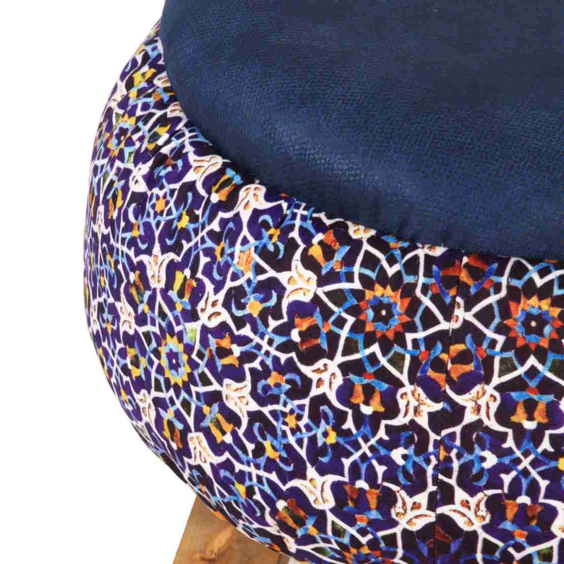 Round Velvet Footstool with Wooden Legs Inspired by Persian Art Navy Blue