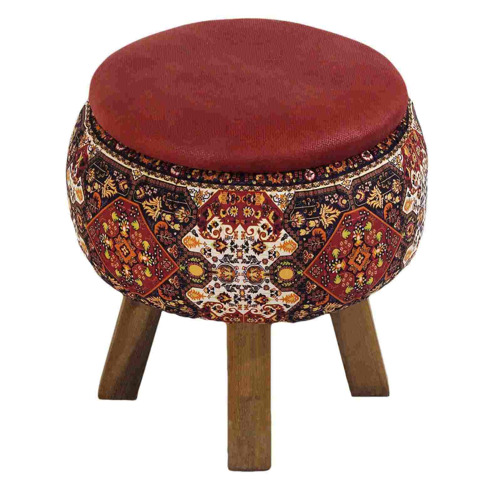 Round Velvet Footstool with Wooden Legs Inspired by Persian Art Red