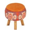 Round Velvet Footstool with Wooden Legs Inspired by Persian Art Orange